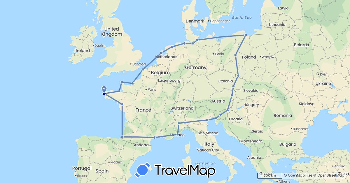 TravelMap itinerary: driving, cycling in Austria, Czech Republic, Germany, France, Italy, Netherlands, Poland, Slovenia (Europe)